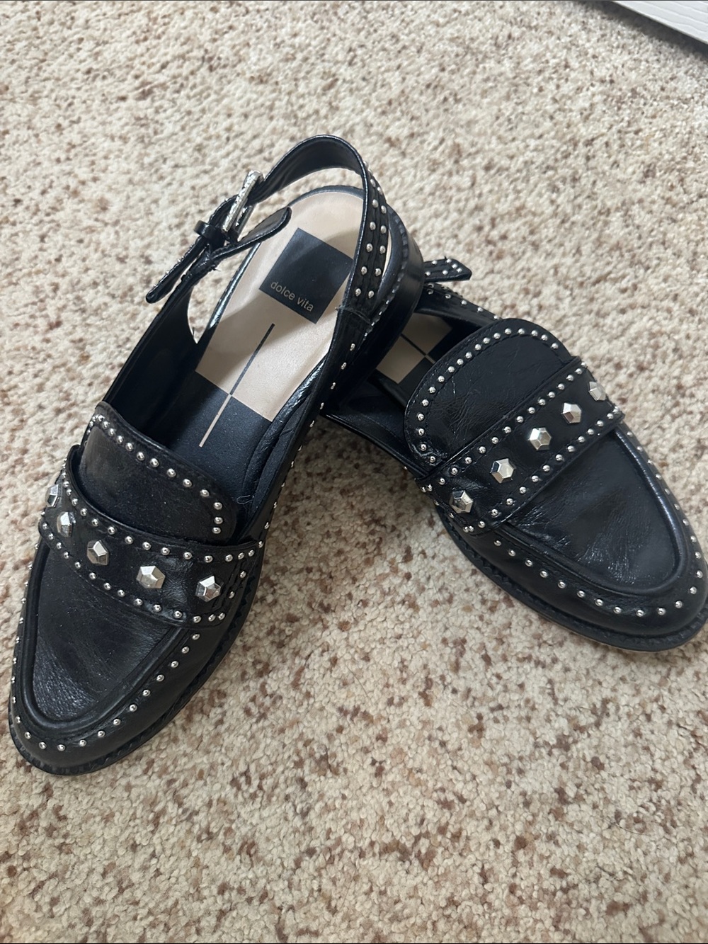 Dolce Vita Black Studded Leather Slingback Loafers